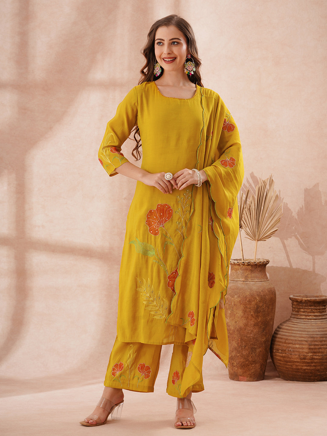 Solid Floral Threadwork Embroidered Straight Fit Kurta with Palazzo and Dupatta - Mustard