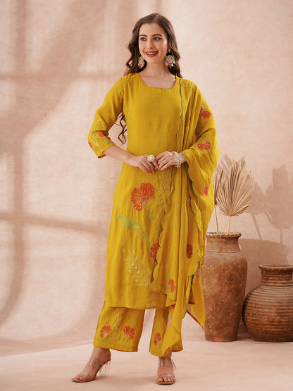 Solid Floral Threadwork Embroidered Straight Fit Kurta with Palazzo and Dupatta - Mustard