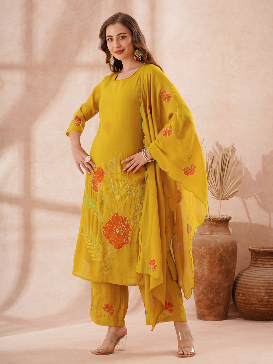 Solid Floral Threadwork Embroidered Straight Fit Kurta with Palazzo and Dupatta - Mustard