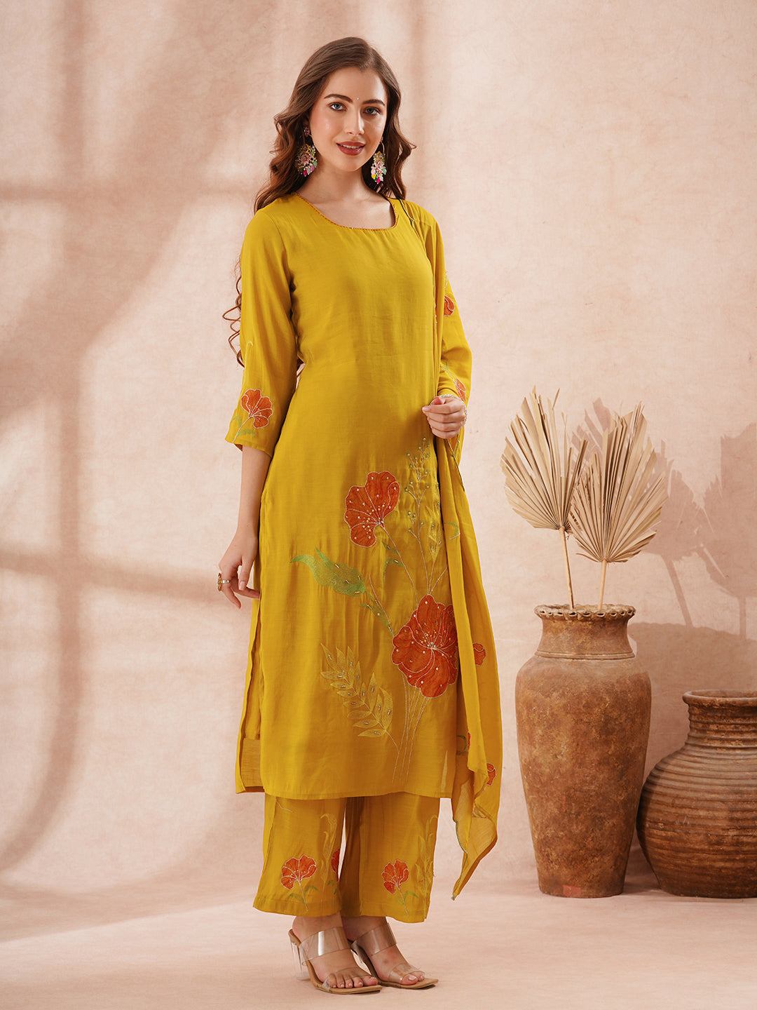 Solid Floral Threadwork Embroidered Straight Fit Kurta with Palazzo and Dupatta - Mustard