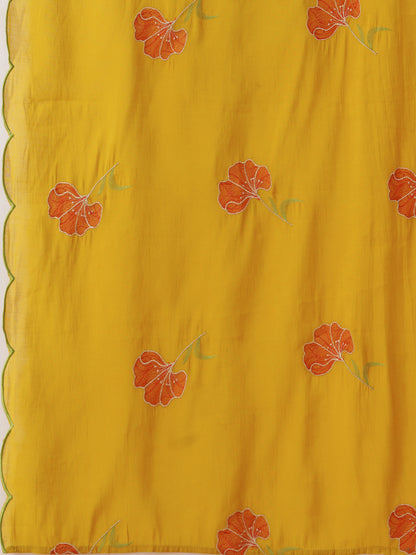 Solid Floral Threadwork Embroidered Straight Fit Kurta with Palazzo and Dupatta - Mustard