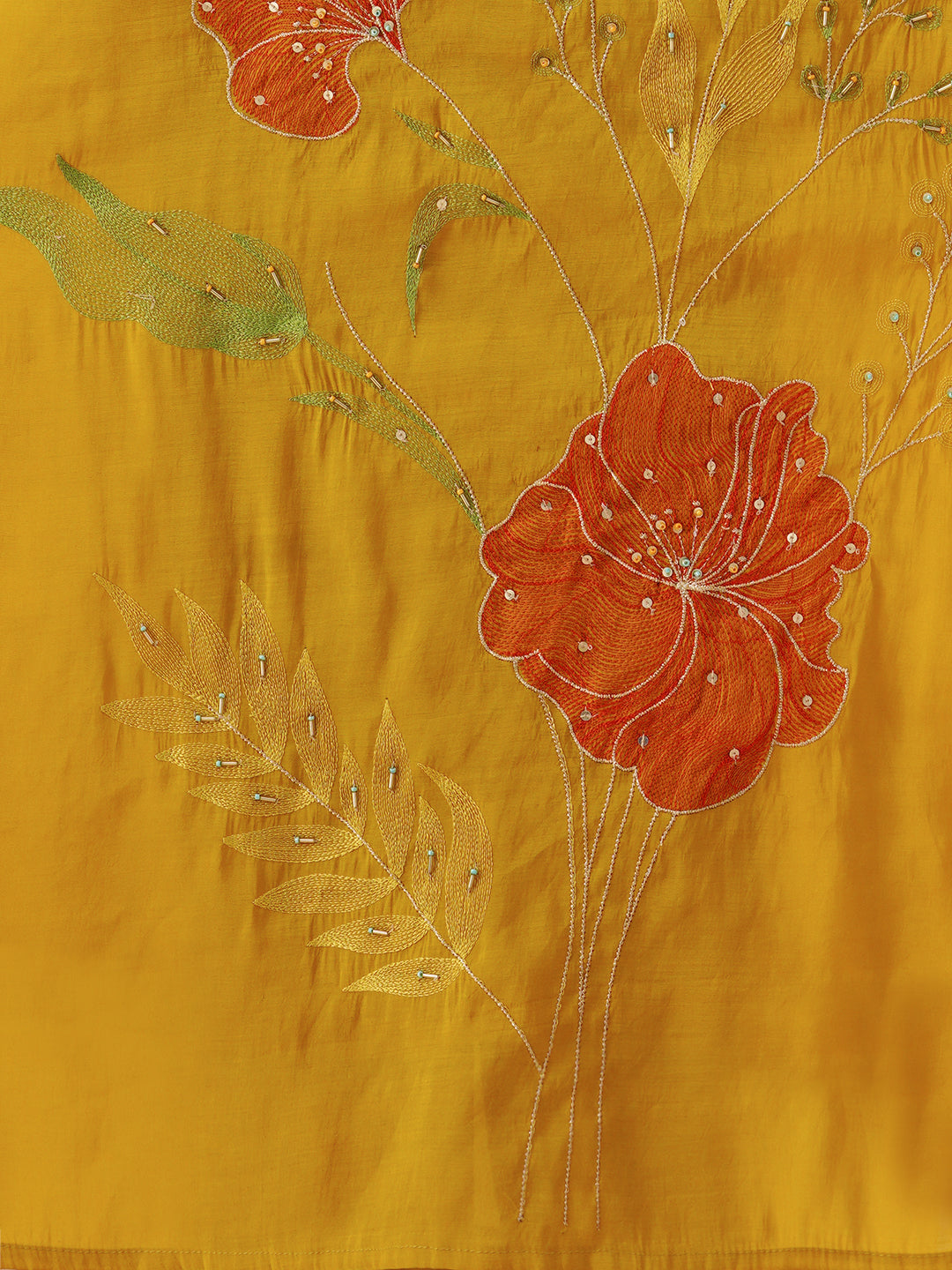 Solid Floral Threadwork Embroidered Straight Fit Kurta with Palazzo and Dupatta - Mustard