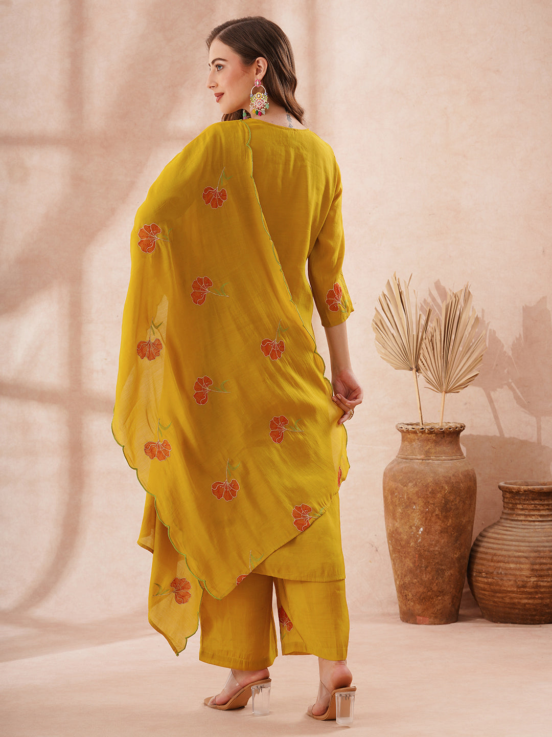 Solid Floral Threadwork Embroidered Straight Fit Kurta with Palazzo and Dupatta - Mustard