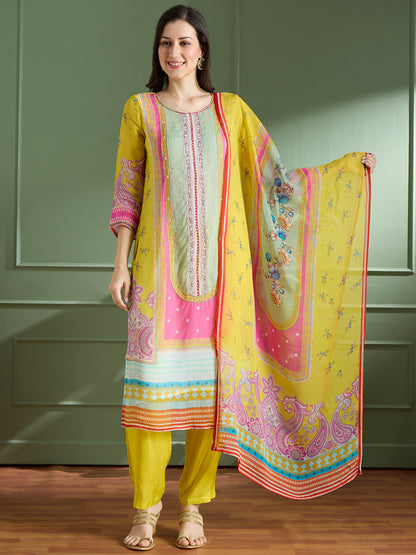 Ethnic Floral Printed & Embroidered A-Line Kurta with Pant & Dupatta - Multi