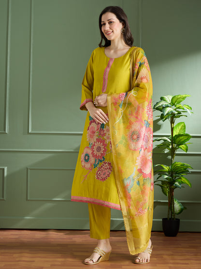Solid Floral Printed Straight Fit Kurta with Pant and Printed Dupatta - Mustard