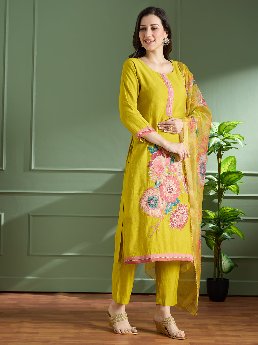 Solid Floral Printed Straight Fit Kurta with Pant and Printed Dupatta - Mustard