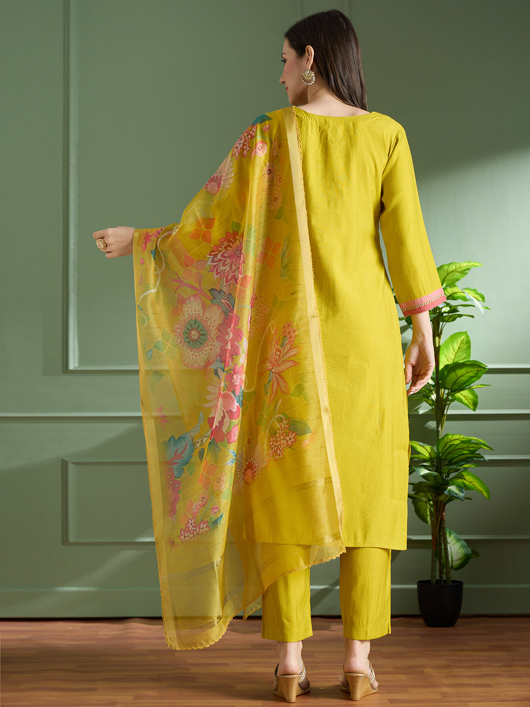 Solid Floral Printed Straight Fit Kurta with Pant and Printed Dupatta - Mustard