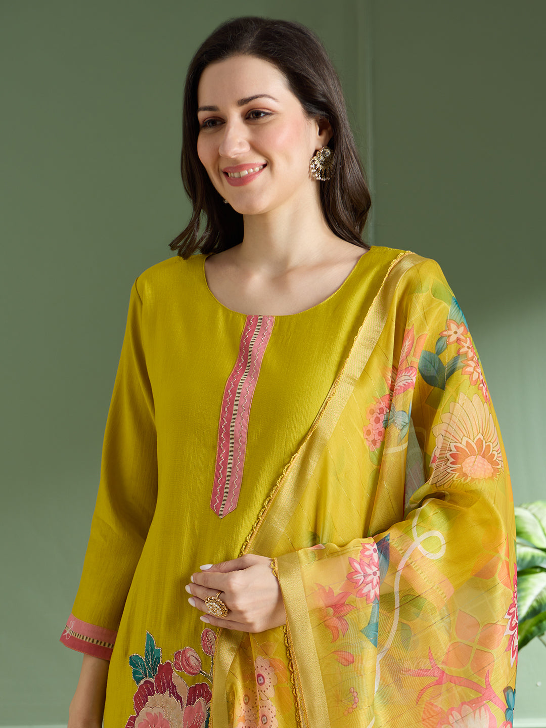 Solid Floral Printed Straight Fit Kurta with Pant and Printed Dupatta - Mustard