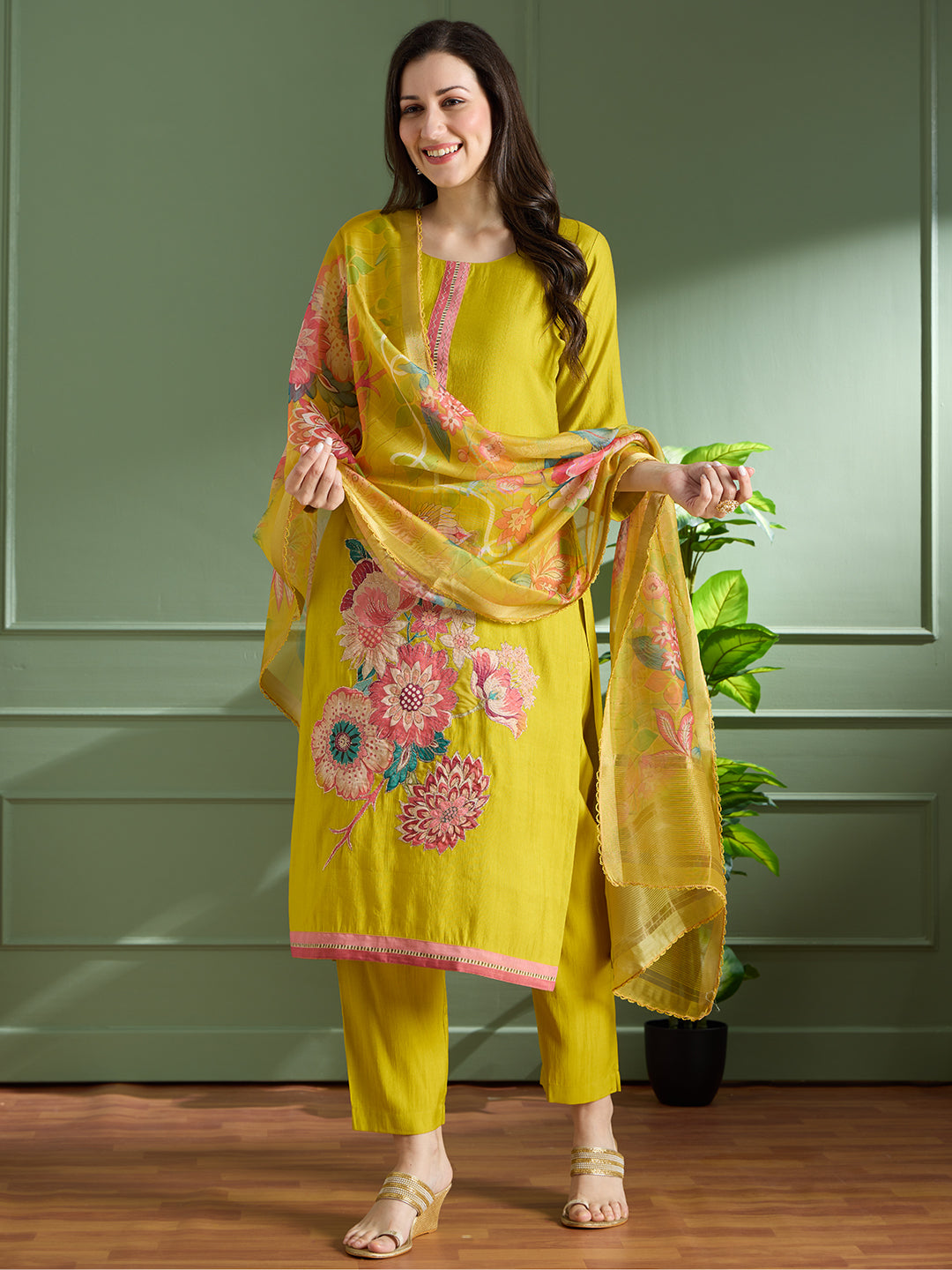 Solid Floral Printed Straight Fit Kurta with Pant and Printed Dupatta - Mustard