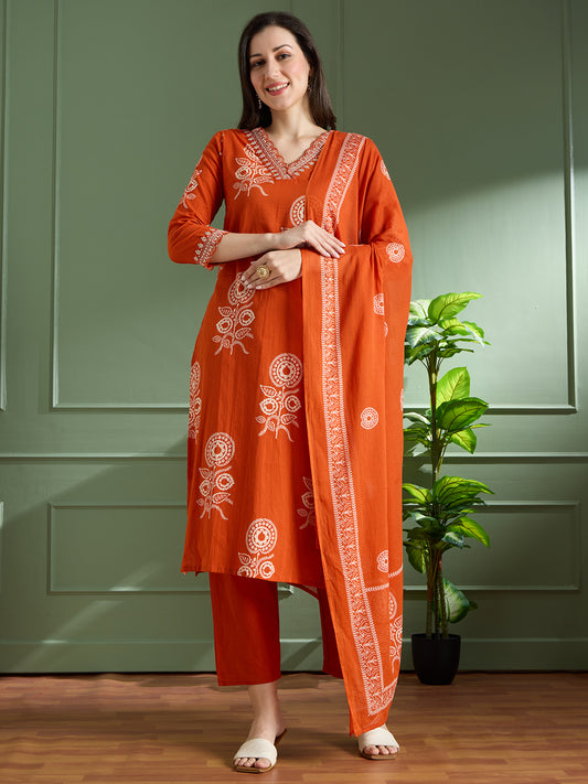 Ethnic Floral Printed Embroidered Straight Fit Kurta with Pant and Dupatta - Orange