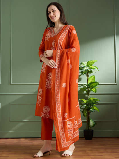Ethnic Floral Printed Embroidered Straight Fit Kurta with Pant and Dupatta - Orange