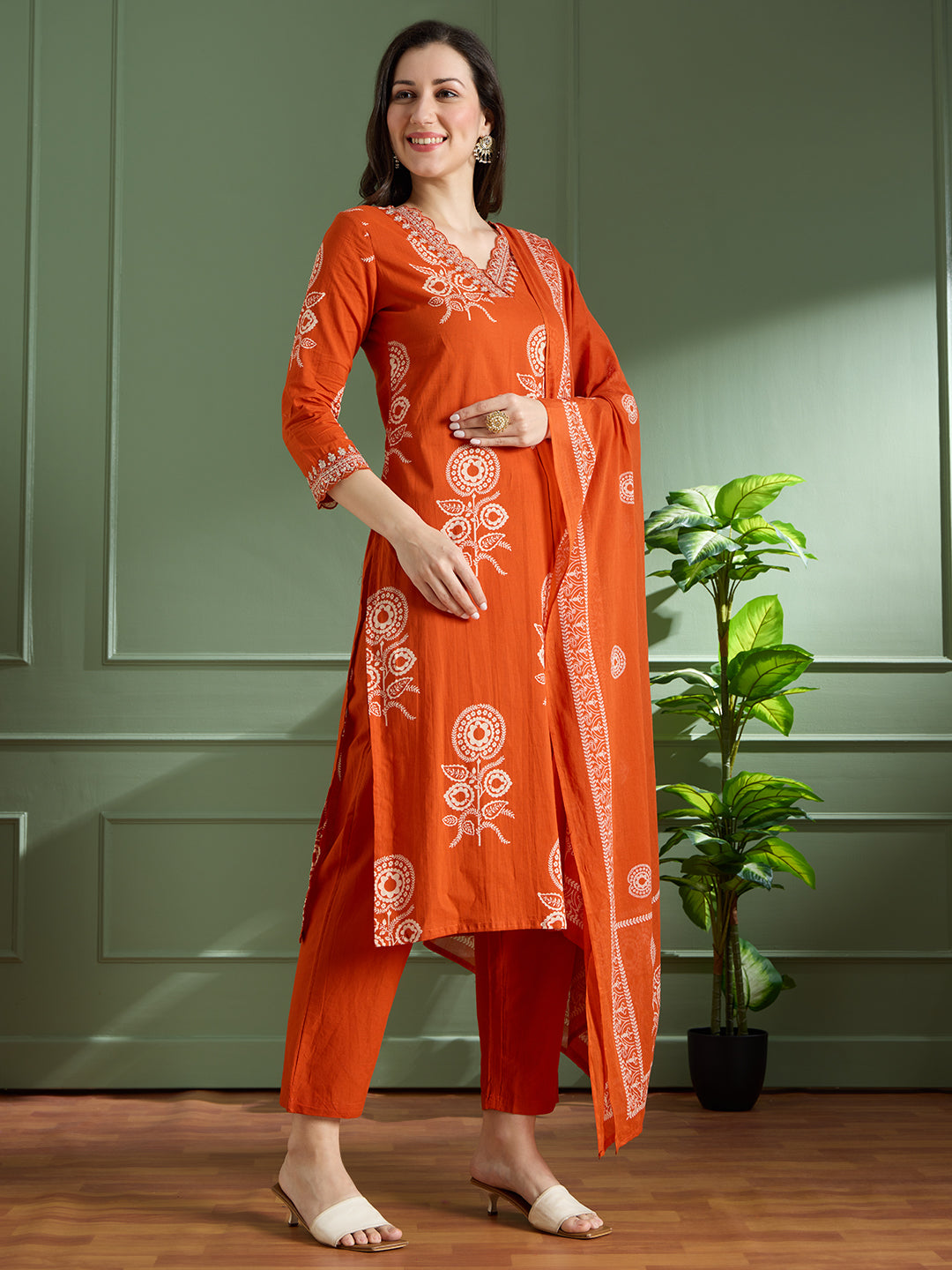 Ethnic Floral Printed Embroidered Straight Fit Kurta with Pant and Dupatta - Orange