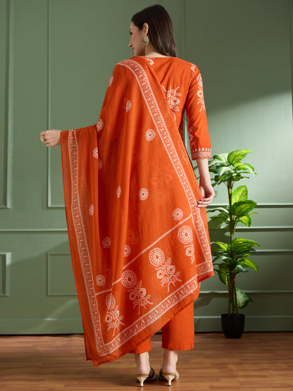 Ethnic Floral Printed Embroidered Straight Fit Kurta with Pant and Dupatta - Orange