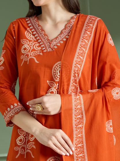 Ethnic Floral Printed Embroidered Straight Fit Kurta with Pant and Dupatta - Orange