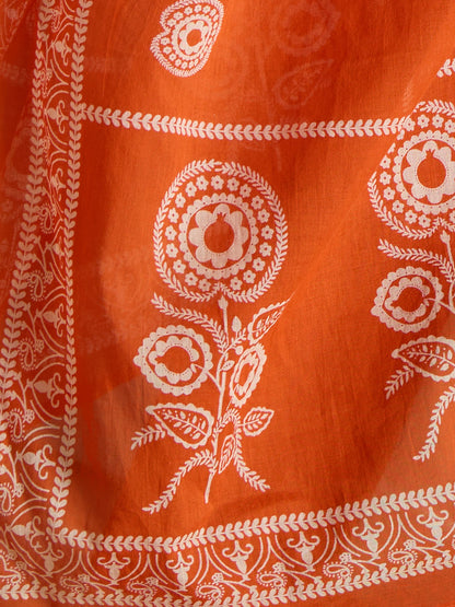 Ethnic Floral Printed Embroidered Straight Fit Kurta with Pant and Dupatta - Orange