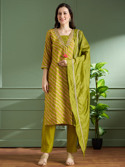 Leheriya Printed & Embroidered Straight Kurta with Pant & Dupatta - Green
