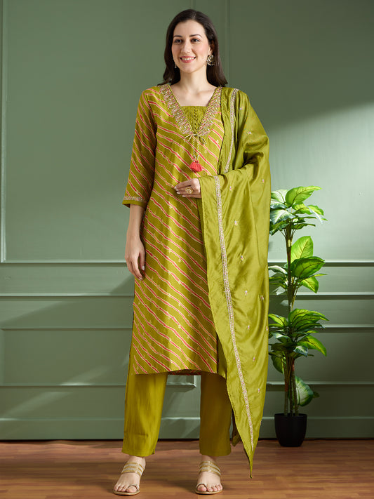 Leheriya Printed & Embroidered Straight Kurta with Pant & Dupatta - Green