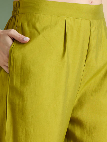 Leheriya Printed & Embroidered Straight Kurta with Pant & Dupatta - Green