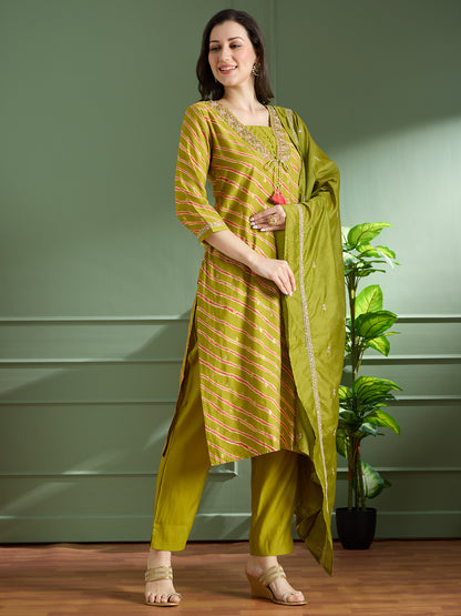 Leheriya Printed & Embroidered Straight Kurta with Pant & Dupatta - Green