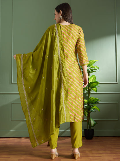 Leheriya Printed & Embroidered Straight Kurta with Pant & Dupatta - Green