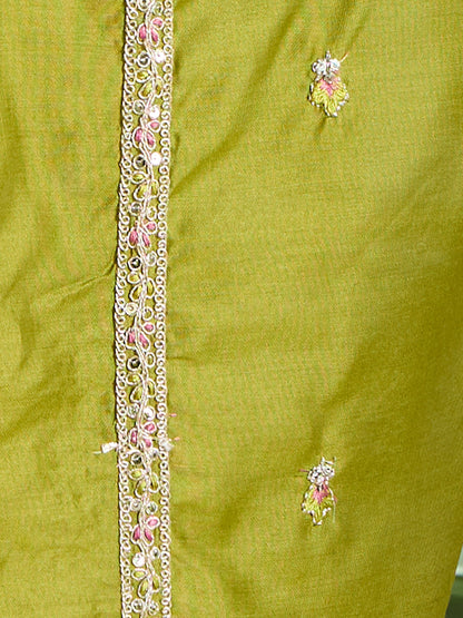 Leheriya Printed & Embroidered Straight Kurta with Pant & Dupatta - Green