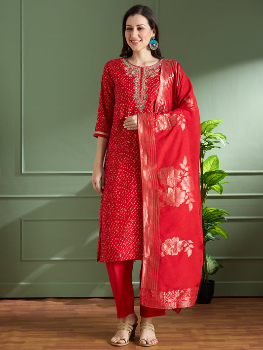 Festive Leheriya Printed Embroidered & Kurta with Pant and Dupatta - Red