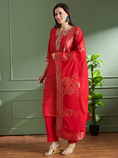 Festive Leheriya Printed Embroidered & Kurta with Pant and Dupatta - Red