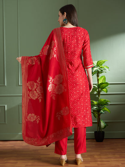 Festive Leheriya Printed Embroidered & Kurta with Pant and Dupatta - Red