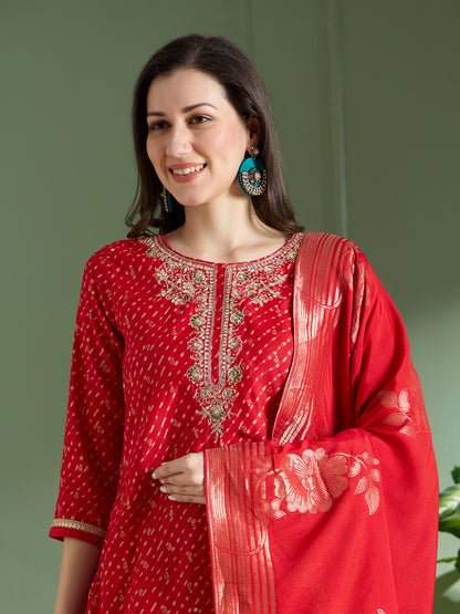 Festive Leheriya Printed Embroidered & Kurta with Pant and Dupatta - Red