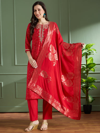 Festive Leheriya Printed Embroidered & Kurta with Pant and Dupatta - Red