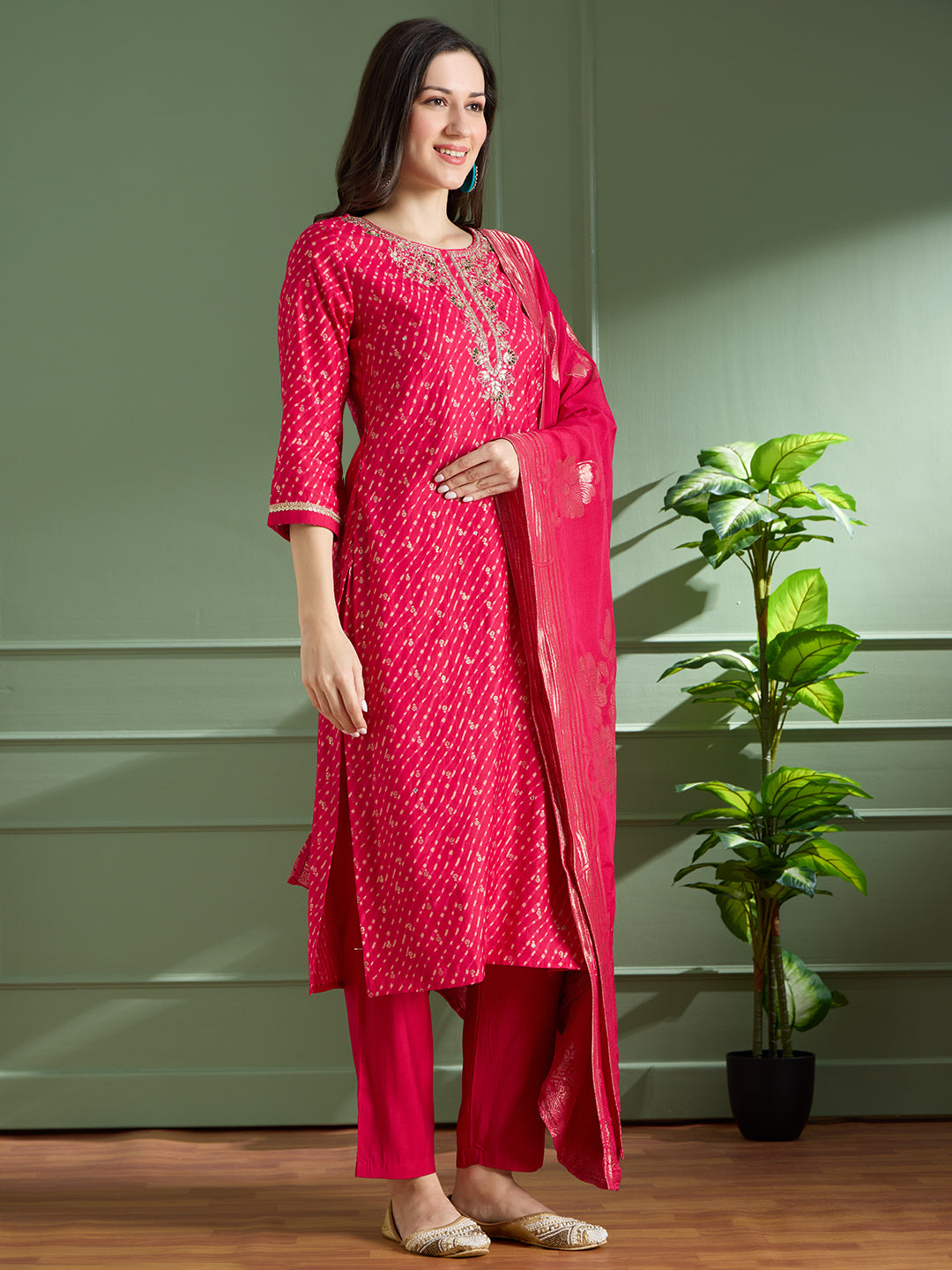 Festive Leheriya Printed Embroidered & Kurta with Pant and Dupatta - Rani