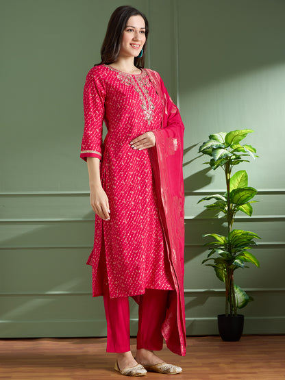 Festive Leheriya Printed Embroidered & Kurta with Pant and Dupatta - Rani