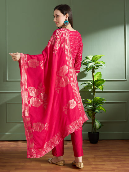 Festive Leheriya Printed Embroidered & Kurta with Pant and Dupatta - Rani