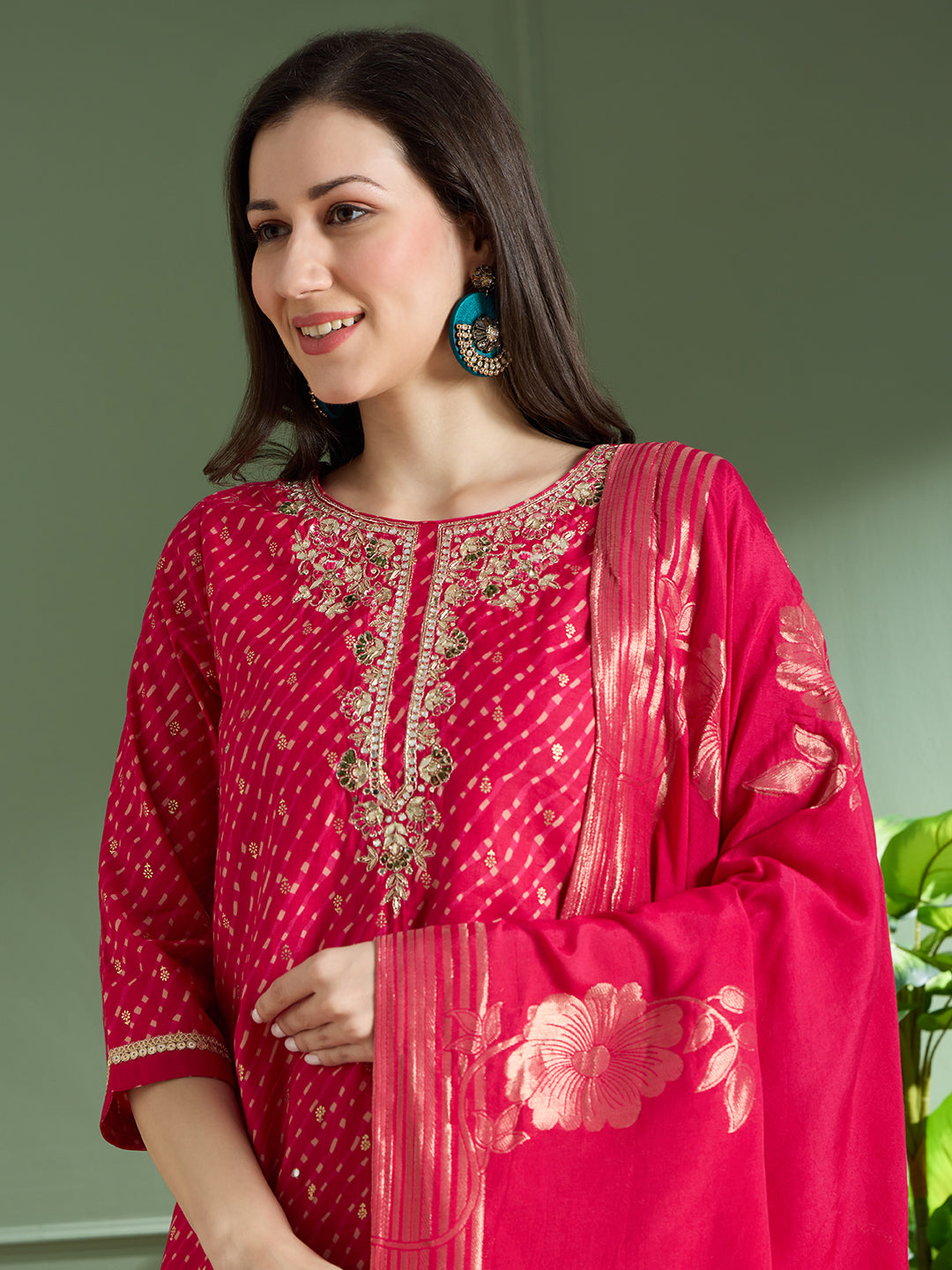 Festive Leheriya Printed Embroidered & Kurta with Pant and Dupatta - Rani
