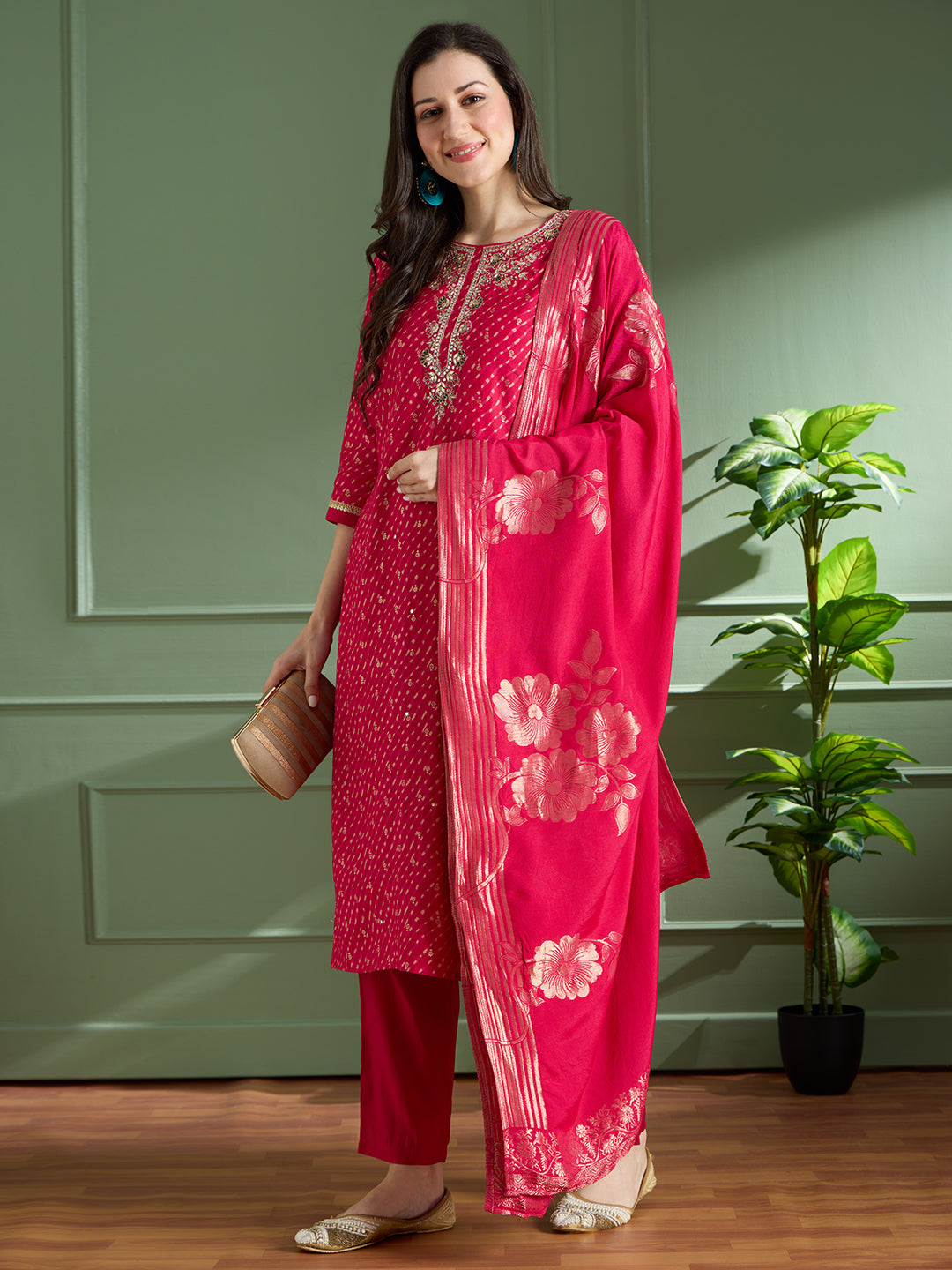 Festive Leheriya Printed Embroidered & Kurta with Pant and Dupatta - Rani