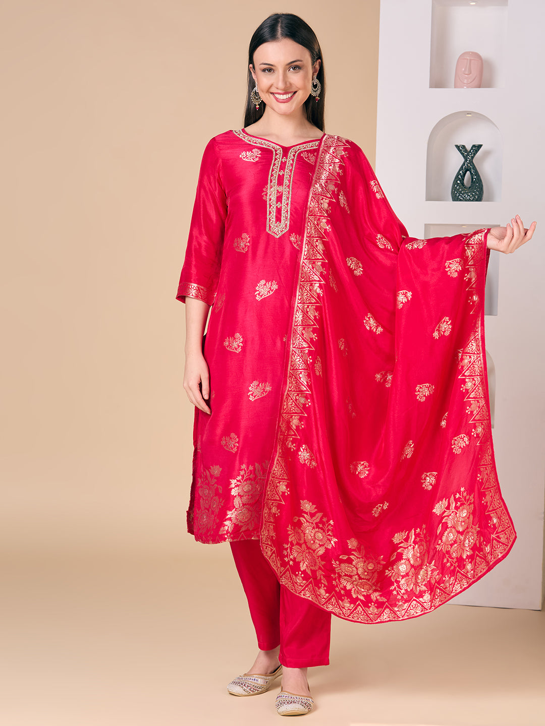 Floral Woven & Hand Embroidered Straight Kurta with Pant & Dupatta - Rani