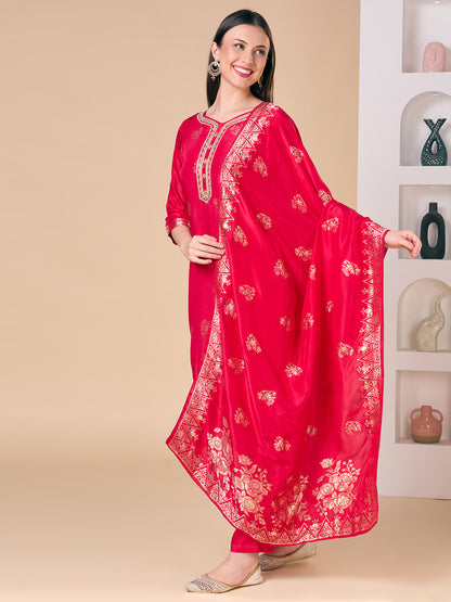 Floral Woven & Hand Embroidered Straight Kurta with Pant & Dupatta - Rani