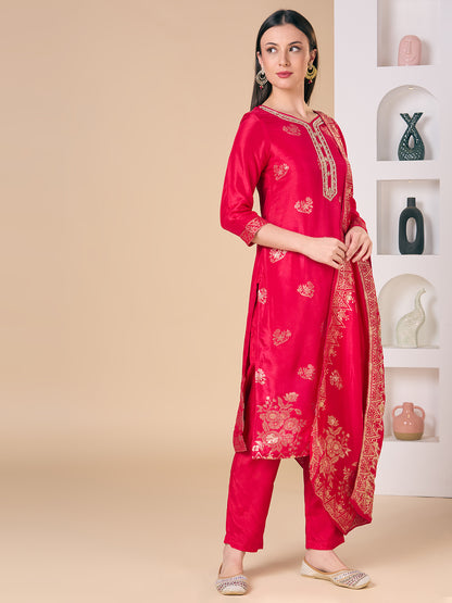 Floral Woven & Hand Embroidered Straight Kurta with Pant & Dupatta - Rani