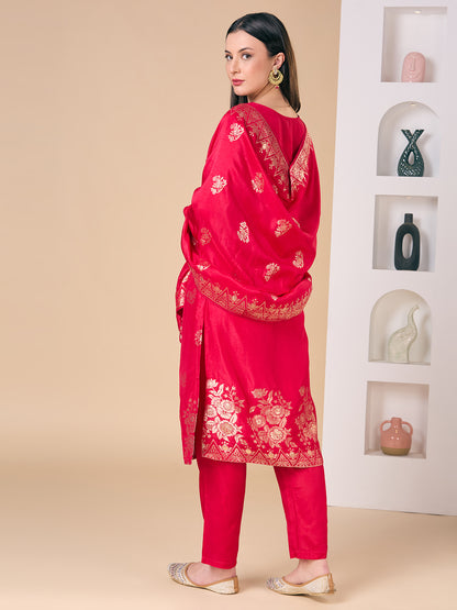Floral Woven & Hand Embroidered Straight Kurta with Pant & Dupatta - Rani