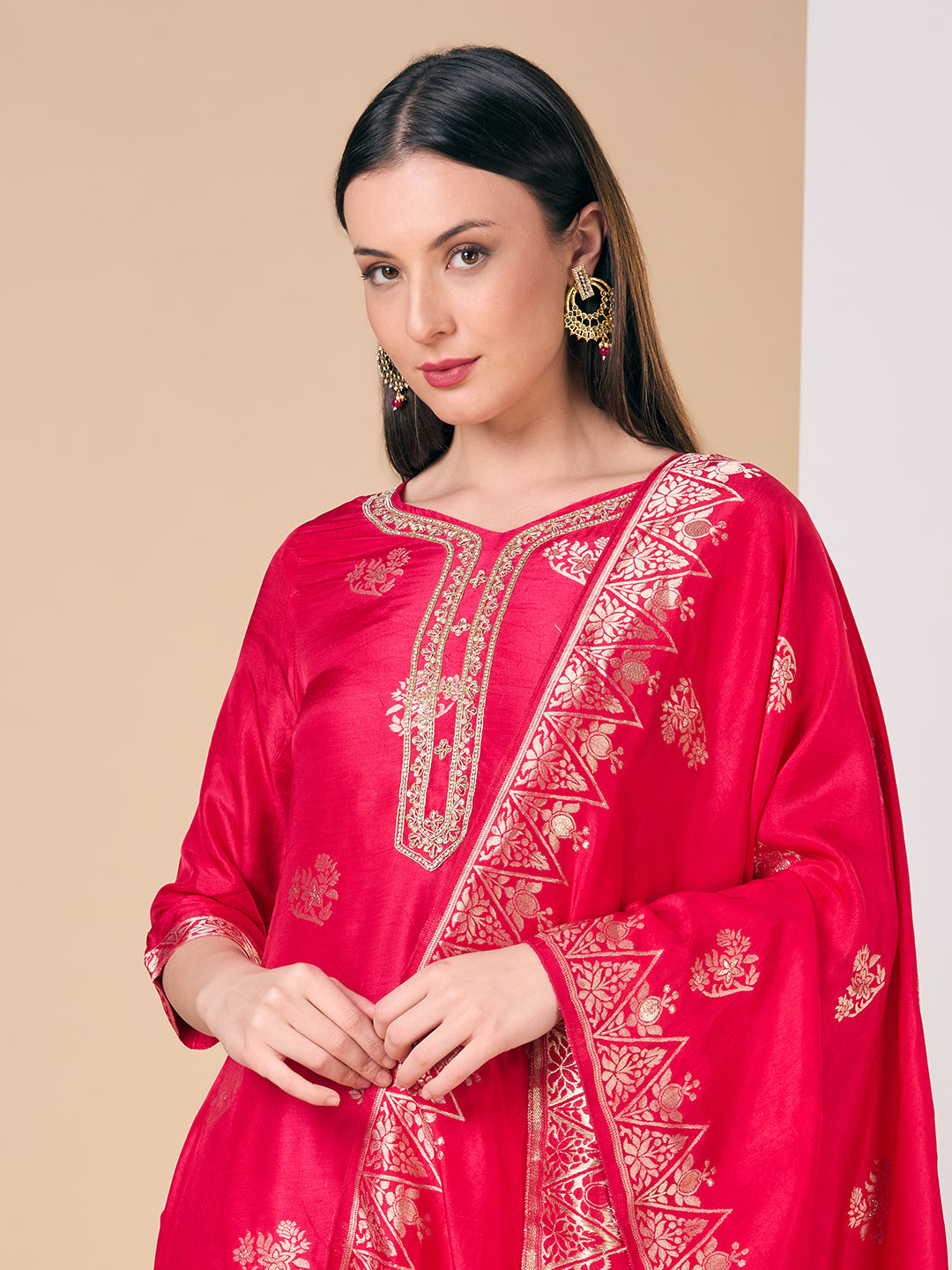 Floral Woven & Hand Embroidered Straight Kurta with Pant & Dupatta - Rani