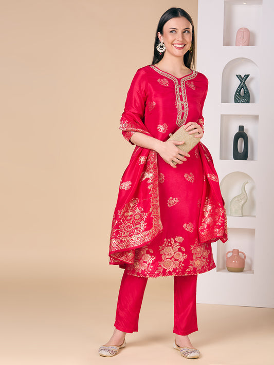 Floral Woven & Hand Embroidered Straight Kurta with Pant & Dupatta - Rani