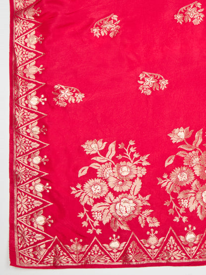 Floral Woven & Hand Embroidered Straight Kurta with Pant & Dupatta - Rani