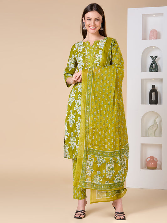 Floral Printed & Embroidered Straight Kurta with Pant & Dupatta - Lime Green