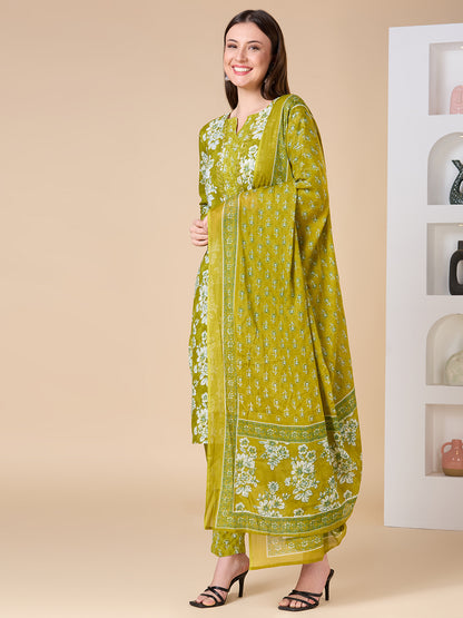 Floral Printed & Embroidered Straight Kurta with Pant & Dupatta - Lime Green