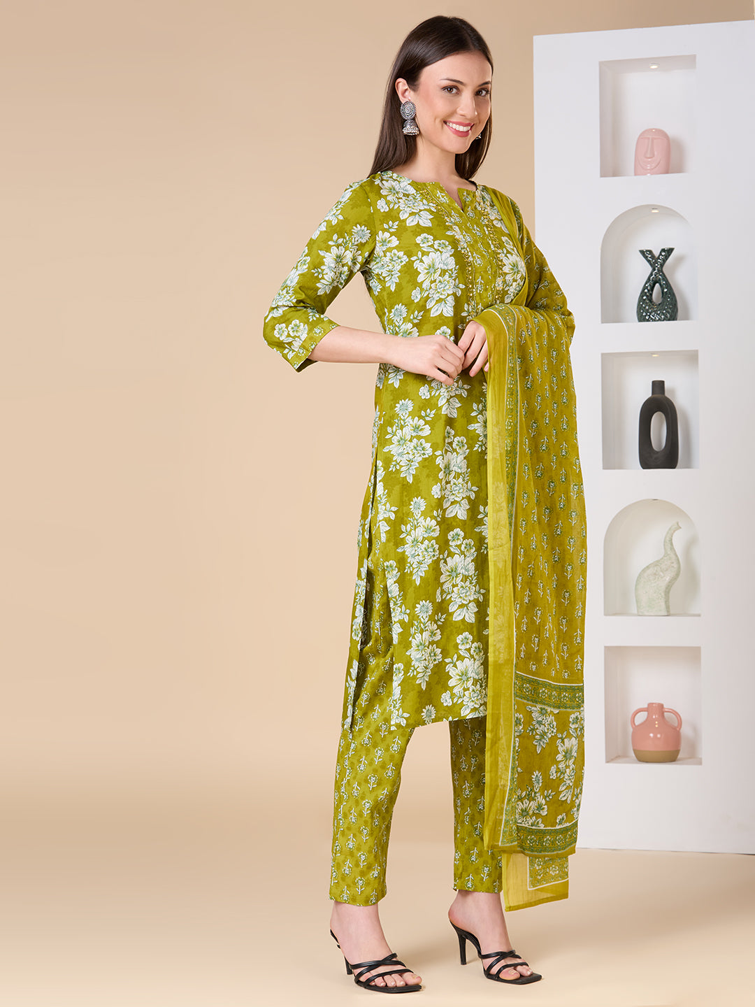 Floral Printed & Embroidered Straight Kurta with Pant & Dupatta - Lime Green
