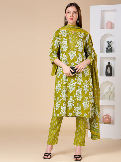 Floral Printed & Embroidered Straight Kurta with Pant & Dupatta - Lime Green