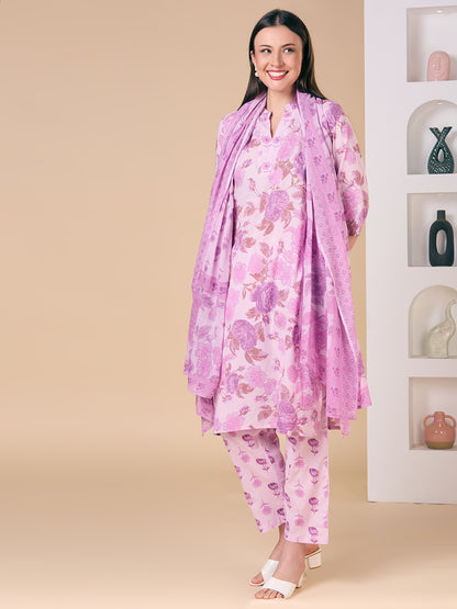 Ethnic Floral Printed Embroidered Straight Fit Kurta with Pant and Dupatta - Purple