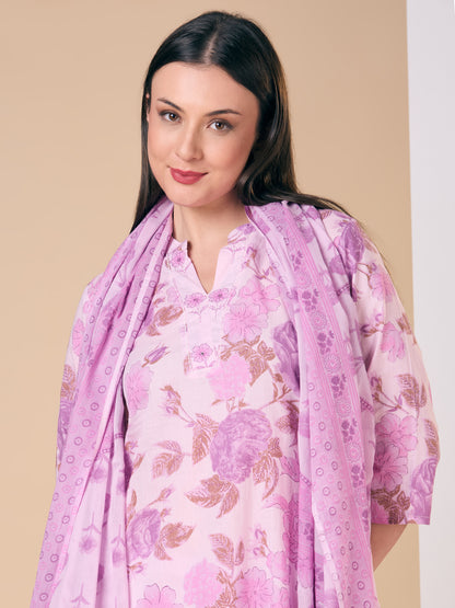 Ethnic Floral Printed Embroidered Straight Fit Kurta with Pant and Dupatta - Purple