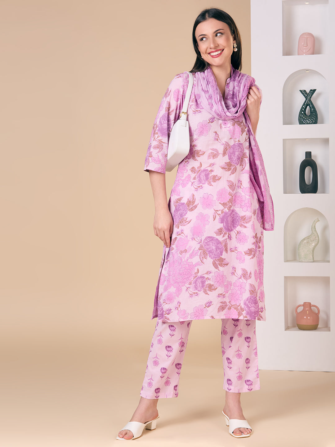 Ethnic Floral Printed Embroidered Straight Fit Kurta with Pant and Dupatta - Purple