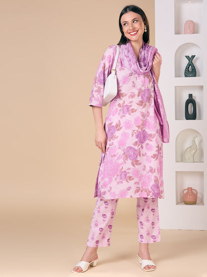 Ethnic Floral Printed Embroidered Straight Fit Kurta with Pant and Dupatta - Purple